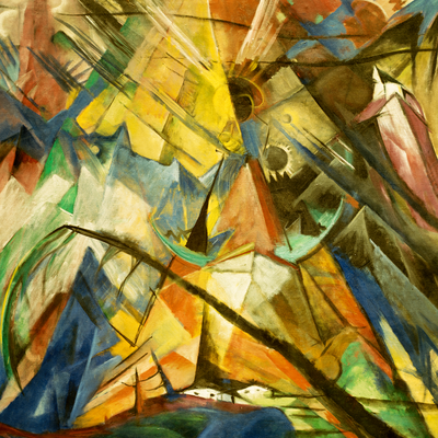 Vooraanzicht van Franz marc tirol. De volledige gedrukte compositie is te zien zonder het schuine productaanzicht of de detailopname van het geloppervlak.