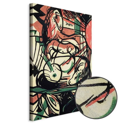 Schuin productaanzicht van Franz marc the birth of the. Het motief loopt door over de randen van het canvas. Een ronde detailopname toont het reliëf van het geloppervlak.