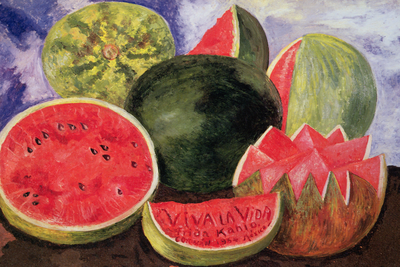 Vooraanzicht van Frida kahlo viva la vida. De volledige gedrukte compositie is te zien zonder het schuine productaanzicht of de detailopname van het geloppervlak.