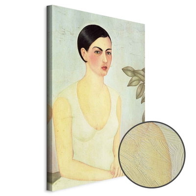 Schuin productaanzicht van Frida kahlo the white lady. Het motief loopt door over de randen van het canvas. Een ronde detailopname toont het reliëf van het geloppervlak.