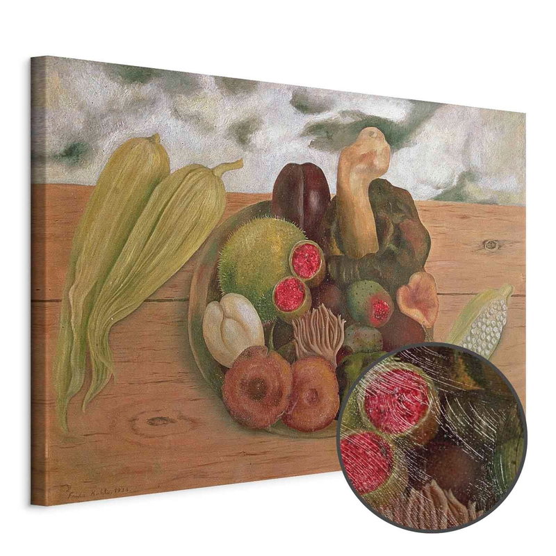 Produktvy av Frida kahlo the fruits of. En rund detaljförstoring visar den strukturerade gelytan.