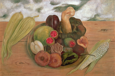 Vooraanzicht van Frida kahlo the fruits of. De volledige gedrukte compositie is te zien zonder het schuine productaanzicht of de detailopname van het geloppervlak.