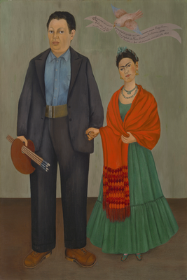 Vooraanzicht van Frida kahlo frida and diego. De volledige gedrukte compositie is te zien zonder het schuine productaanzicht of de detailopname van het geloppervlak.