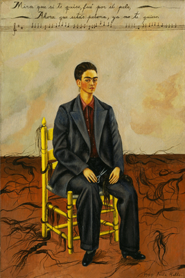 Vooraanzicht van Frida kahlo self-portrait. De volledige gedrukte compositie is te zien zonder het schuine productaanzicht of de detailopname van het geloppervlak.