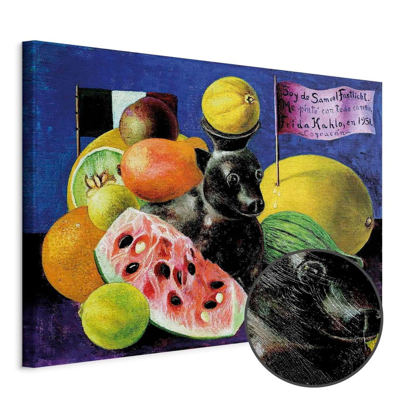 Produktvy av Frida kahlo still life. En rund detaljförstoring visar den strukturerade gelytan.