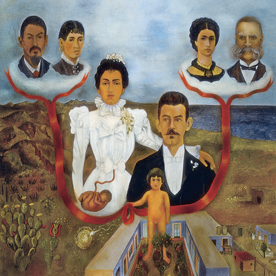Vooraanzicht van Frida kahlo my grandparents. De volledige gedrukte compositie is te zien zonder het schuine productaanzicht of de detailopname van het geloppervlak.