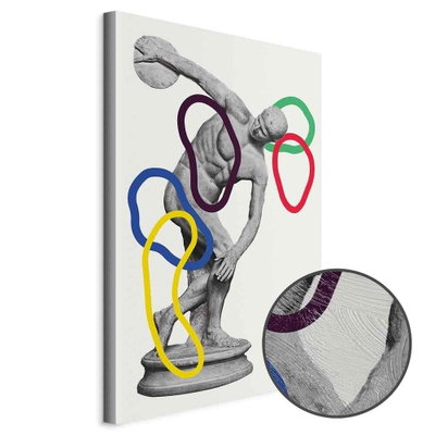 Schuin productaanzicht van Collage graphic. Het motief loopt door over de randen van het canvas. Een ronde detailopname toont het reliëf van het geloppervlak.