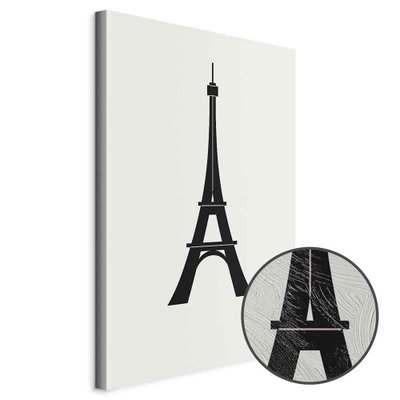 Schuin productaanzicht van Eiffel tower simple graphics. Het motief loopt door over de randen van het canvas. Een ronde detailopname toont het reliëf van het geloppervlak.