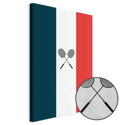Schuin productaanzicht van Black badminton rackets. Het motief loopt door over de randen van het canvas. Een ronde detailopname toont het reliëf van het geloppervlak.