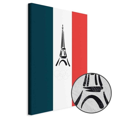 Schuin productaanzicht van French flag with graphic. Het motief loopt door over de randen van het canvas. Een ronde detailopname toont het reliëf van het geloppervlak.