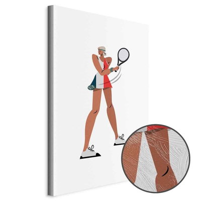 Schuin productaanzicht van Tennis player with a racket. Het motief loopt door over de randen van het canvas. Een ronde detailopname toont het reliëf van het geloppervlak.