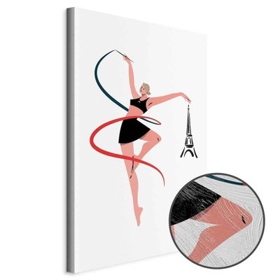 Schuin productaanzicht van Rhythmic gymnastics -. Het motief loopt door over de randen van het canvas. Een ronde detailopname toont het reliëf van het geloppervlak.
