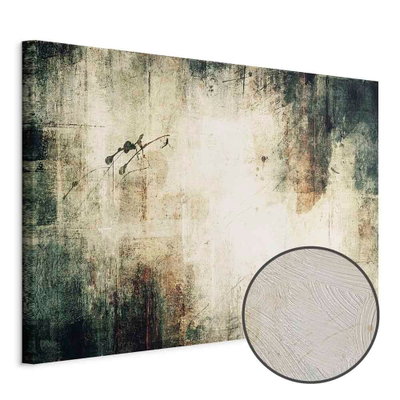 Schuin productaanzicht van Foggy memories. Het motief loopt door over de randen van het canvas. Een ronde detailopname toont het reliëf van het geloppervlak.