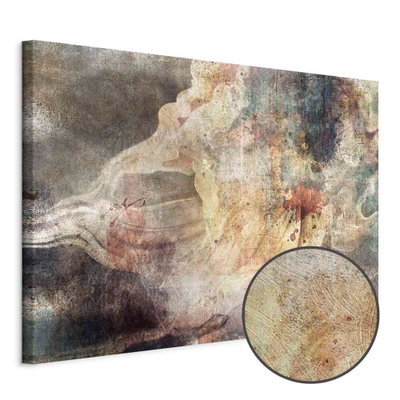 Schuin productaanzicht van Wild dance in the fog wide. Het motief loopt door over de randen van het canvas. Een ronde detailopname toont het reliëf van het geloppervlak.