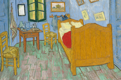 Vooraanzicht van Vincent van gogh la chambre. De volledige gedrukte compositie is te zien zonder het schuine productaanzicht of de detailopname van het geloppervlak.