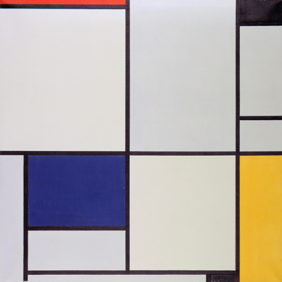 Vooraanzicht van Piet mondrian tableau i. De volledige gedrukte compositie is te zien zonder het schuine productaanzicht of de detailopname van het geloppervlak.