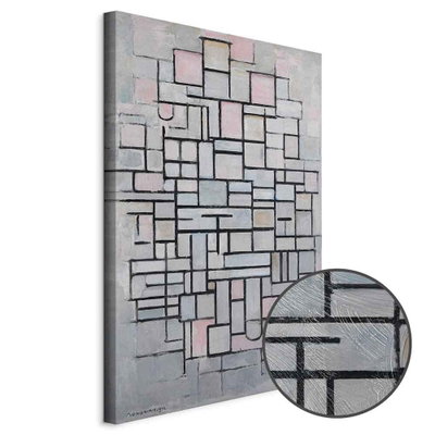 Schuin productaanzicht van Piet mondrian composition no. Het motief loopt door over de randen van het canvas. Een ronde detailopname toont het reliëf van het geloppervlak.