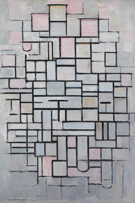 Vooraanzicht van Piet mondrian composition no. De volledige gedrukte compositie is te zien zonder het schuine productaanzicht of de detailopname van het geloppervlak.