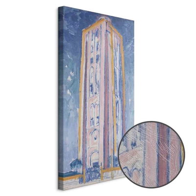 Schuin productaanzicht van Piet mondrian lighthouse. Het motief loopt door over de randen van het canvas. Een ronde detailopname toont het reliëf van het geloppervlak.