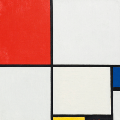 Vooraanzicht van Piet mondrian composition no. De volledige gedrukte compositie is te zien zonder het schuine productaanzicht of de detailopname van het geloppervlak.