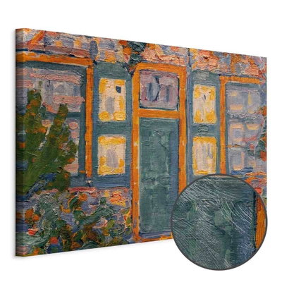 Schuin productaanzicht van Piet mondrian house in. Het motief loopt door over de randen van het canvas. Een ronde detailopname toont het reliëf van het geloppervlak.