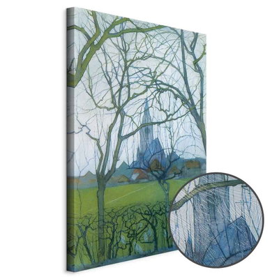 Schuin productaanzicht van Piet mondrian st jacob& s. Het motief loopt door over de randen van het canvas. Een ronde detailopname toont het reliëf van het geloppervlak.