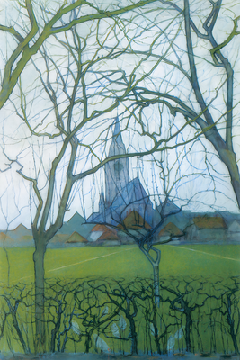 Vooraanzicht van Piet mondrian st jacob& s. De volledige gedrukte compositie is te zien zonder het schuine productaanzicht of de detailopname van het geloppervlak.