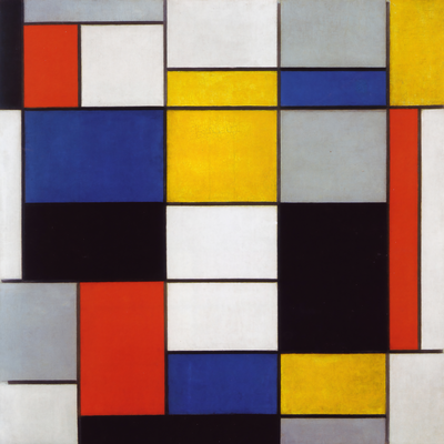 Vooraanzicht van Piet mondrian composition a. De volledige gedrukte compositie is te zien zonder het schuine productaanzicht of de detailopname van het geloppervlak.