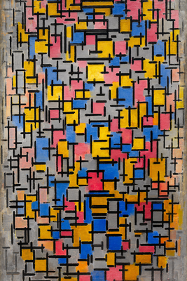 Vooraanzicht van Piet mondrian composition. De volledige gedrukte compositie is te zien zonder het schuine productaanzicht of de detailopname van het geloppervlak.
