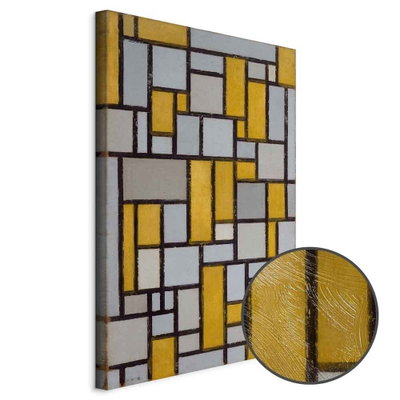 Schuin productaanzicht van Piet mondrian composition. Het motief loopt door over de randen van het canvas. Een ronde detailopname toont het reliëf van het geloppervlak.