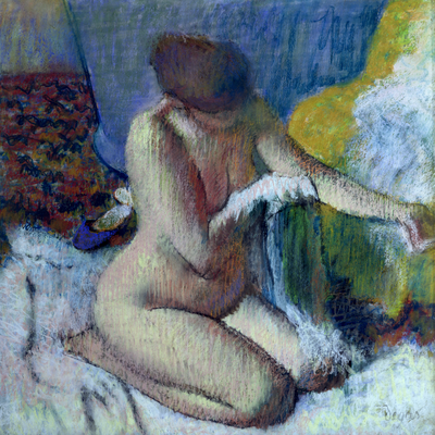 Vooraanzicht van Edgar degas after the bath. De volledige gedrukte compositie is te zien zonder het schuine productaanzicht of de detailopname van het geloppervlak.