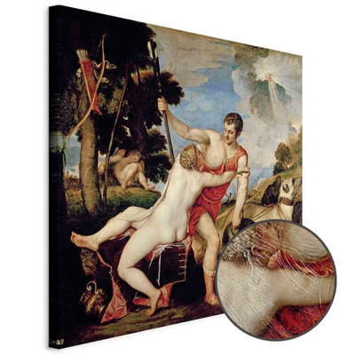 Schuin productaanzicht van Titian venus and adonis. Het motief loopt door over de randen van het canvas. Een ronde detailopname toont het reliëf van het geloppervlak.