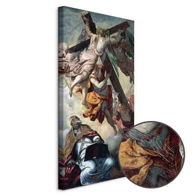 Schuin productaanzicht van Tintoretto apparition of the. Het motief loopt door over de randen van het canvas. Een ronde detailopname toont het reliëf van het geloppervlak.