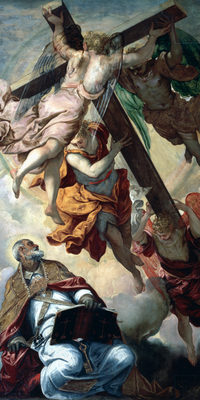 Vooraanzicht van Tintoretto apparition of the. De volledige gedrukte compositie is te zien zonder het schuine productaanzicht of de detailopname van het geloppervlak.