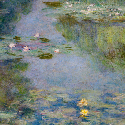 Vooraanzicht van Claude monet nymph as. De volledige gedrukte compositie is te zien zonder het schuine productaanzicht of de detailopname van het geloppervlak.