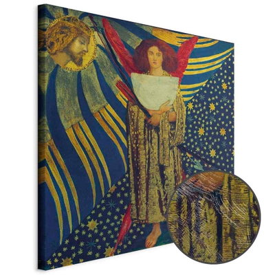 Schuin productaanzicht van Dante gabriel rossetti. Het motief loopt door over de randen van het canvas. Een ronde detailopname toont het reliëf van het geloppervlak.
