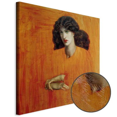 Schuin productaanzicht van Dante gabriel rossetti la. Het motief loopt door over de randen van het canvas. Een ronde detailopname toont het reliëf van het geloppervlak.