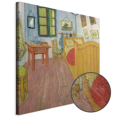 Schuin productaanzicht van Vincent van gogh the bedroom. Het motief loopt door over de randen van het canvas. Een ronde detailopname toont het reliëf van het geloppervlak.