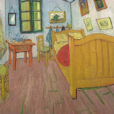 Vooraanzicht van Vincent van gogh the bedroom. De volledige gedrukte compositie is te zien zonder het schuine productaanzicht of de detailopname van het geloppervlak.