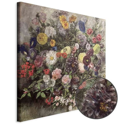 Schuin productaanzicht van Eug ne delacroix bouquet of. Het motief loopt door over de randen van het canvas. Een ronde detailopname toont het reliëf van het geloppervlak.
