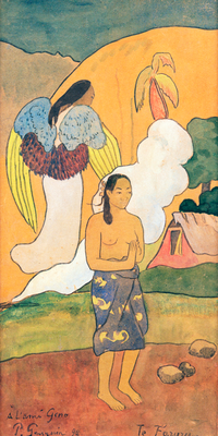 Vooraanzicht van Paul gauguin te faruru. De volledige gedrukte compositie is te zien zonder het schuine productaanzicht of de detailopname van het geloppervlak.