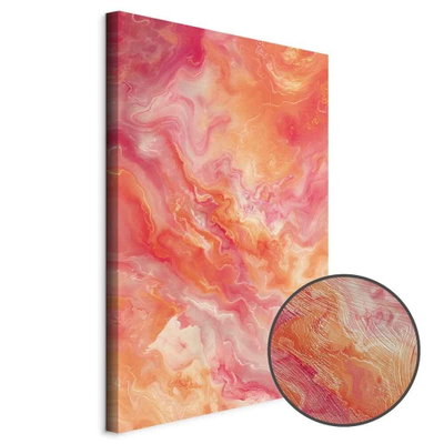 Schuin productaanzicht van Fiery colors - dynamic. Het motief loopt door over de randen van het canvas. Een ronde detailopname toont het reliëf van het geloppervlak.