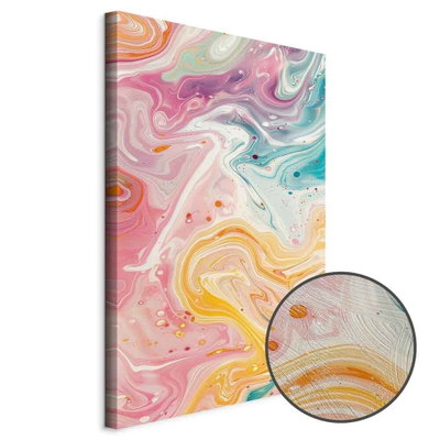 Schuin productaanzicht van Colorful chaos - dynamic. Het motief loopt door over de randen van het canvas. Een ronde detailopname toont het reliëf van het geloppervlak.