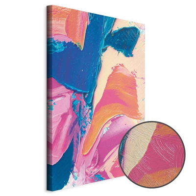 Schuin productaanzicht van Energetic shapes - dynamic. Het motief loopt door over de randen van het canvas. Een ronde detailopname toont het reliëf van het geloppervlak.