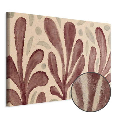 Schuin productaanzicht van Leaves and spots large. Het motief loopt door over de randen van het canvas. Een ronde detailopname toont het reliëf van het geloppervlak.