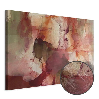Schuin productaanzicht van Spring composition. Het motief loopt door over de randen van het canvas. Een ronde detailopname toont het reliëf van het geloppervlak.