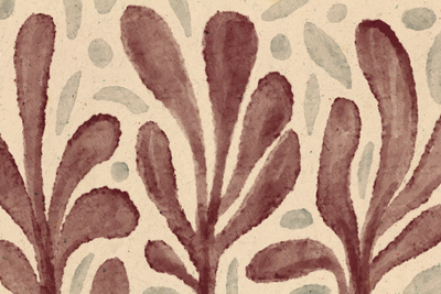 Vooraanzicht van Leaves and spots large. De volledige gedrukte compositie is te zien zonder het schuine productaanzicht of de detailopname van het geloppervlak.