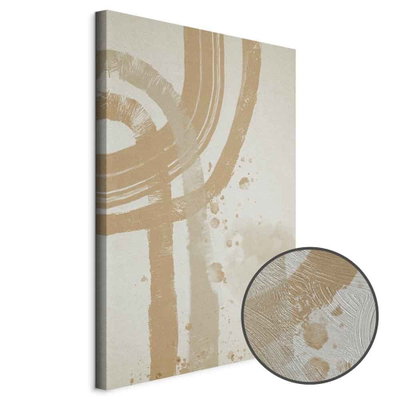Schuin productaanzicht van Beige minimalism. Het motief loopt door over de randen van het canvas. Een ronde detailopname toont het reliëf van het geloppervlak.
