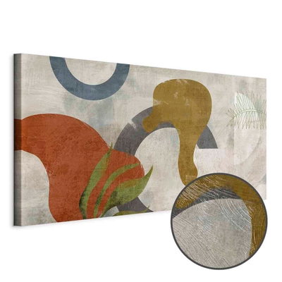 Schuin productaanzicht van Mirage of shapes. Het motief loopt door over de randen van het canvas. Een ronde detailopname toont het reliëf van het geloppervlak.