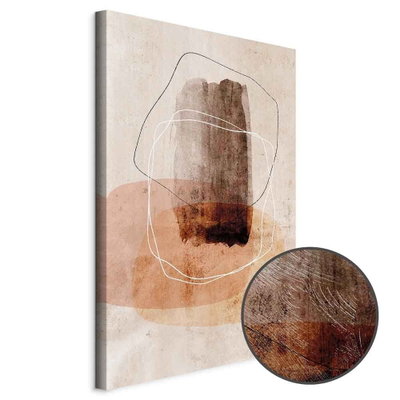 Schuin productaanzicht van Circle of desires. Het motief loopt door over de randen van het canvas. Een ronde detailopname toont het reliëf van het geloppervlak.